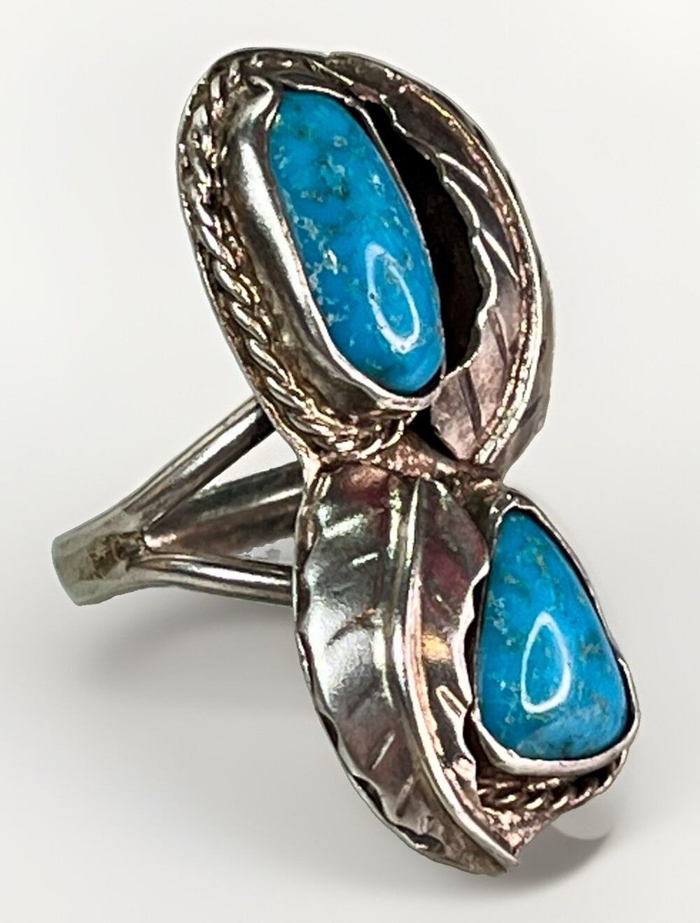Old Pawn Sterling Silver 925 Native American 2 Stone Turquoise Leaf Ring Sz 5.5